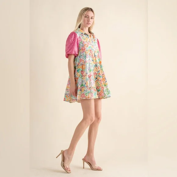 081 • Floral Button-Front Baby Doll Cotton Dress with Pink Puff Sequined Sleeves - Picture 4 of 12